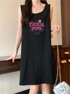 Summer Cool Cotton Sleeveless Vest Dress Loose Midi Pure Cotton Comfortable Breathable Cartoon Print Casual Chic Womens Dress