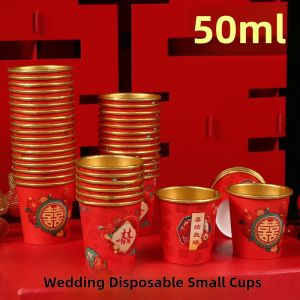 Wedding Gold Foil Decorated Thick Small Paper Cups for Tea And Wine Ceremony Mini Red Disposable Cups for Marriage Celebration