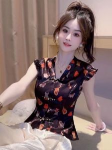 Designers Black V-Neck Cat Print Shirt Thin Sleeveless T-Shirt Commute Style Polyester Fabric No Ironing Required Womens Shirt