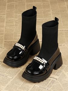 Platform Martin Boots Womens 2024 Autumn and Winter Small Outwear High Heel Stretch Boots Chunky Heel Fashion Pearl Skinny Boots