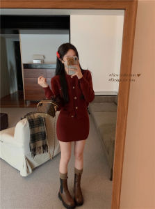 Christmas Atmosphere Red New Year Sweater Set Dress Fragrance Style Long Sleeve Slimming Thick Warm Woolen Korean Style Fashion