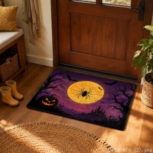 VIKAMA Halloween Pumpkin Moon Spider Web Door Mat Gothic Area Rug Non-Slip Spooky Night Front Door Decor