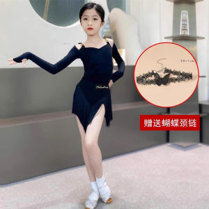 Childrens Latin Dance Costume Tassel Skirt Black Daily Autumn Winter Practice Uniform Girls Performance Dress Nylon Fabric