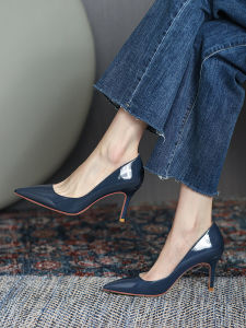 Elegant Pointed Toe Work Shoes Deep Blue Patent Leather Commuter Heels Fashionable Spring Season Low Cut High Heel Womens Shoes