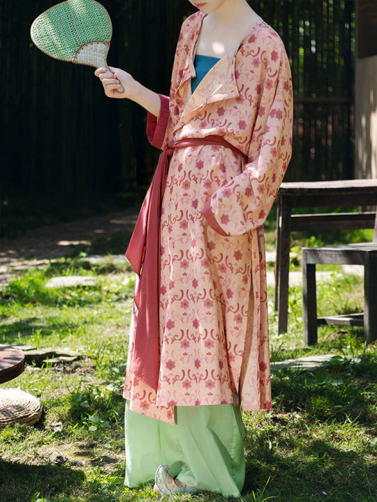 Chang Gong Yu Tang Dynasty Print round Neck Robe Wide Leg Pants Loose Feel Hanfu Traditional Chinese Clothing Women's Set
