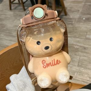 Bình Nước Hình Gấu Dễ Thương 1000ml Dành Cho Bé Gái 2 Trong 1 Có Ống Hút Không BPA Chống Rò Rỉ Quà Tặng Thể Thao Trường Học Chai Nhựa Tái Sử Dụng Họa Tiết Hoạt Hình