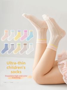 Miiow | Cat Girl Childrens Socks Mid-Calf Thin Mesh Cotton Summer Socks Breathable Soft Korean Style Girls Footwear For Spring And Summer