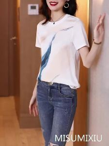 227MISUMIXIU S-3XL Summer 2025 New Ink Print Mulberry Silk T-shirt for Women Short Sleeve Crew Neck Fashion Tops Lady