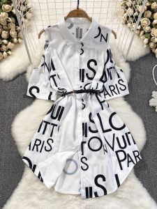 Loose Korean Style Shirt Dress Summer Season Short Sleeve Polo Collar Asymmetrical Letter Print High Waist Single Button A-Line Dress