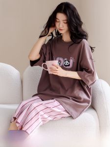 MiiOW | Pure Cotton Summer Sleepwear Womens Short Sleeve Seven-Piece Pants Home Clothes Set With Chest Pad Can Be Worn Outside