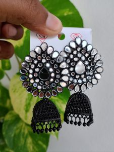 LARGE SIZE BLACK COLOR SILVER STONE JHUMKA EARRINGS