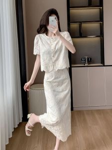 Summer 2024 New Arrival Lady Lady Beige Embroidery Jade Buckle Flab Hiding Slimming Long Two-Piece Outfit Skirt