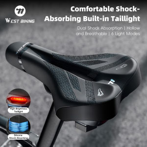 WEST BIKING Comfortable Bicycle Saddle With Taillight Hollow Breathable Ergonomic Bike Saddle Shock Absorption Cycling Seat Bike Parts