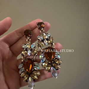 Chai Fu Studio/E778 Retro Europe and America Ins Distressed Water Drop Exaggerated Temperamental Inlaid Rhinestone Special Interest Earrings