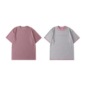 LR Made 25SS Versatile Double-Sided Wear Short-Sleeve T-Shirt Pink Grey Color Block Loose Fit Printed Casual Youth Fashion