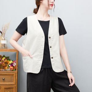 Summer Thin Cotton Linen Vest Womens Commute Outerwear V-neck Sleeveless Shoulder Pad Small Size Casual Linen Top