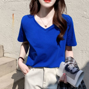 Slim Loose Design Cotton T-Shirt V-Neck Print