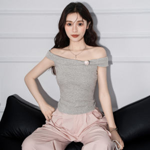 La Chapelle Grey 3D Flower Print One-Shoulder Short-Sleeve Slim Fit Womens T-Shirt Summer New Style Waist-Cinching Top