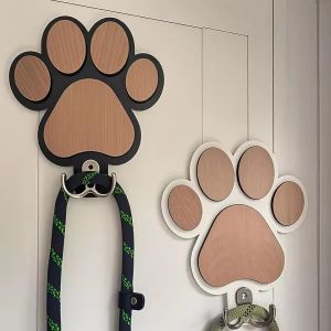Paw Print Wooden Dog Leash Hanger Wall Hook for Collars & Coats Wood with Paw Design Leash Holder Claw Hook Gift for Dogs Lovers