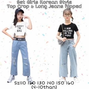 SETELAN ANAK PEREMPUAN REMAJA IMPORT KOREAN STYLE HIP HOP CASUAL TOP CROP JEANS RIPPED