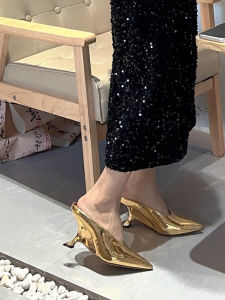 Gold Spike Heel Sandals Womens Outdoor Fashion 2025 Spring Summer New French Style Covered Head Pointed Toe High Heels