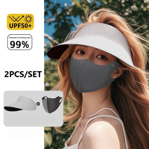 2Pcs/Set Sun Hat + Sunscreen Face Mask Summer UPF50+ Wide Brim Empty Top Ponytail Cap for Women Girls Beach Hiking Cycling Hats