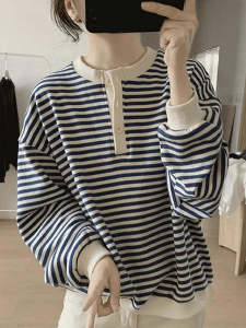 หลวม Fit คอกลมลายทาง เสื้อสเว็ตเชิ้ต ผู้หญิง ฤดูใบไม้ร่วง ขี้เกียจขนาดเล็กไม่มีหมวกแขนยาว เสื้อท่อนบน ลำลอง สไตล์ญี่ปุ่นต่อต้านวัย