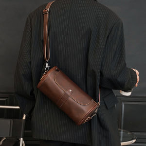 Retro Leather Crossbody Bag for Men Casual Versatile Single Shoulder Satchel Korean Style round Tube Bag Fashionable Accessory