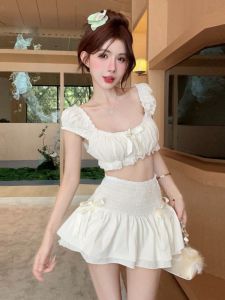 Gegejia Western Style Youthful-Looking Square Collar Elegant Puff Sleeve Top + High Waist Crimp Bows Skirt Two-piece Set