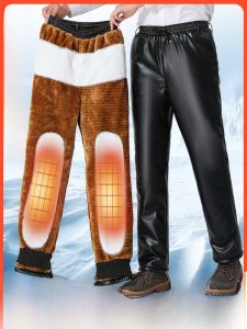 Leather Pants Mens Fleece-lined Thickened Winter Heattech Oil-Proof Waterproof Work Clothes Middle-Aged and Elderly Work Loose Labor Protection Leather Pants