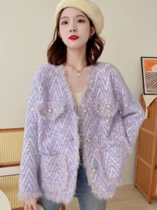 Korean Style V-Neck Woolen Knitted Coat Womens Fashion Tassel Trim Spring Autumn New Arrival Long Sleeve Crystal Velvet Top