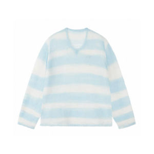 YUEZHONGWEI | French Lace Hollow Distressed Blue Stripe Asymmetrical Off-shoulder Knit Top