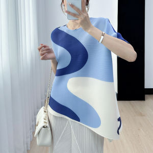 Summer New Womens Folded Print T-shirt round Neck Short Sleeve Casual Top Polyester Fabric Commute Style Universal Fit