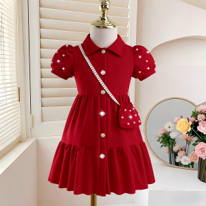 4-7 Years Girls Red Holiday Dress - Full Button Easy On/Off + Free Crossbody Bag Party & Celebration