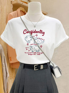 Loose Fit Korean Style Printed White T-Shirt Casual Summer Womens Fashion Short Sleeve Top Versatile for Young Adults