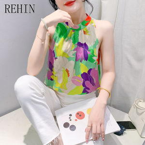 REHIN เสื้อแขนกุดอเนกประสงค์สำหรับผู้หญิงเสื้อเข้ารูปพอดีอเนกประสงค์คอตั้งแฟชั่นพิมพ์ลายดอกใหม่ฤดูร้อน บอดี้สูทหญิง