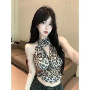 เสื้อกั๊กสายเดี่ยวพิมพ์ลายเสือดาวสไตล์อเมริกันสำหรับผู้หญิง ฤดูร้อน ทรงเข้ารูป กระโปรงสั้น ดีไซน์ด้านใน ดีไซน์ด้านนอก กระโปรงสั้น