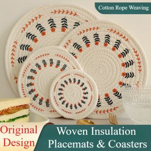 Woven Insulation Pad Placemats Coasters Table Mat Nordic Cotton Printed Placemat Pad Cup Mat Circular Pot Mat Bowl Mat
