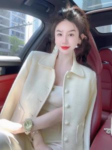 Elegant White Polo Collar Outerwear for Women High Quality Fashionable Style Autumn Season Straight Cut Single Piece Long Sleeve