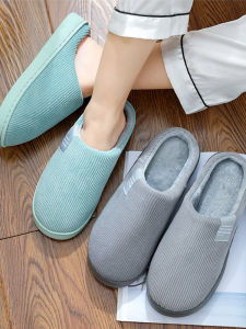 Warm Fleece Lined Indoor Slippers Couple Home Use Anti Slip Thick Bottom Comfortable Covered Toe Plush Slippers Winter Cotton