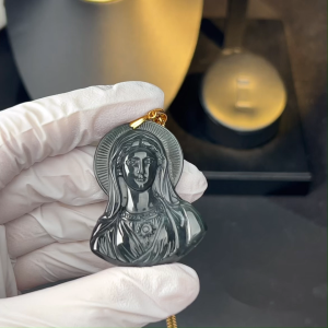 TIMESWIND Natural Original A-type Jade Black Virgin Mary Pendant Titanium Steel Necklace for Men Women Gift with Certificate