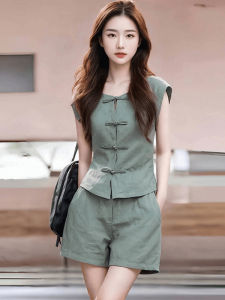 Age-Reducing Womens Amoi Chinese Style Traditional Buckle Sleeveless Linen Green Tops Drawstring Shorts Suit
