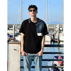 Shoulder Shawl Splicing Design Mens T-shirt Short Sleeve Denim Summer Heavyweight Five-Quarter Sleeve Loose Fit Polyester