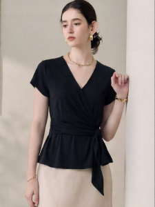 Roey s house | Mature Elegant Workwear V-neck Belted Knitwear Slim Fitting Black