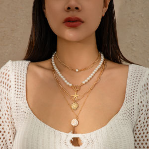4-Piece Starfish Shell Four-Sided Grinding Chain Necklace Suit Fashion Summer Beach Travel Vacation Twin Necklace Tide
