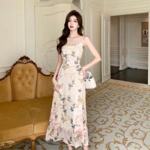French Style Floral Print A-Line Dress Womens Summer Long Gown Tea Break Casual Elegant Neckline Sleeveless Polyester Material