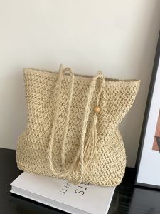 กระเป๋าถือทรงถั่วขนาดใหญ่สำหรับผู้หญิงในช่วงฤดูร้อน กระเป๋าถือแบบสะพายไหล่ข้างเดียวที่ทำจากเส้นใยธรรมชาติ กระเป๋าถือแบบลำลองสำหรับวันหยุด