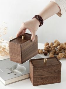 Double Grid Cotton Swab Toothpick Storage Box with Cover North America Black Walnut Solid Wood Desktop Miscellaneous Items Storage Small Wood Box