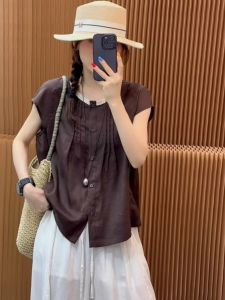 เสื้อเชิ้ตคอตั้งทรงหลวมผ้าไหมลินินสำหรับคุณแม่ช่วงฤดูร้อน ทรงหลวม แขนสั้น ทรงหลวม ทรงปกติ สีพื้น เสื้อผ้าทำงานสำหรับผู้หญิง