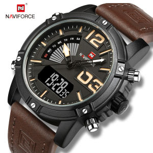 NAVIFORCE Classics Watches for Men Original Casual Sport Watches Leather Strap Multifunction Chronograph Dual Display Waterproof 3ATM with Luminous Hand Brown Wristwatch